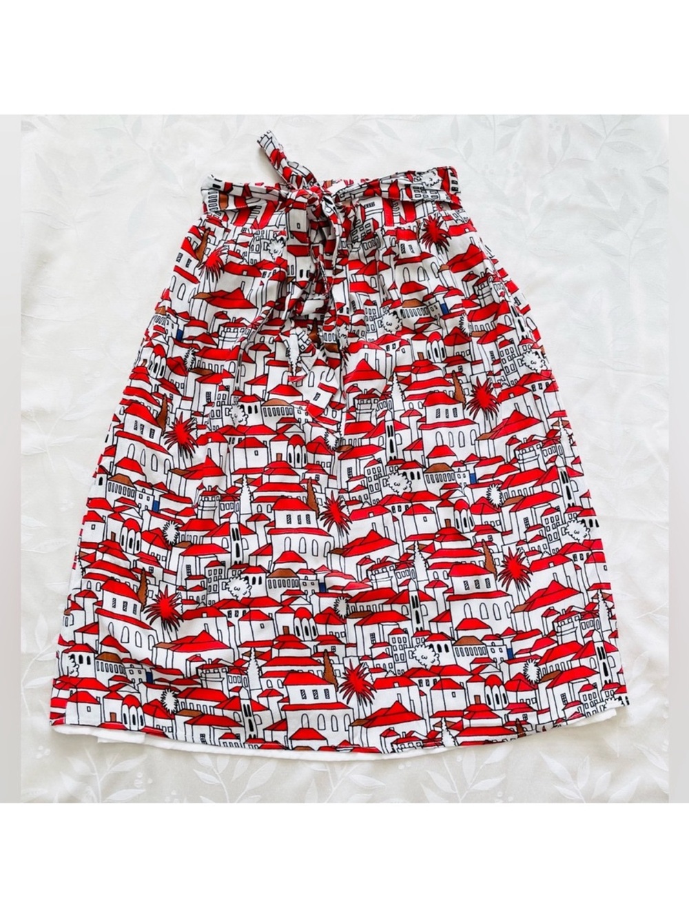 Anthropologie Red and White Printed Midi Skirt